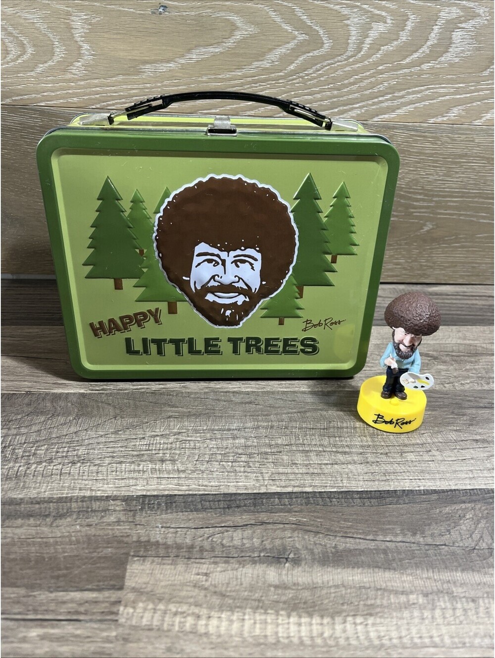 Bob Ross Happy Little Trees Green Tin Lunch Box & Bobble Head